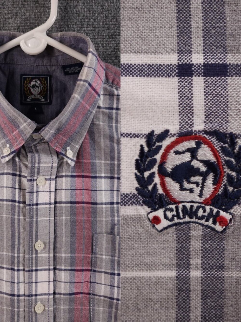 Cinch Oxford Gray Red Cotton Plaid Large Button-Down Casual Shirt Mens Pocket